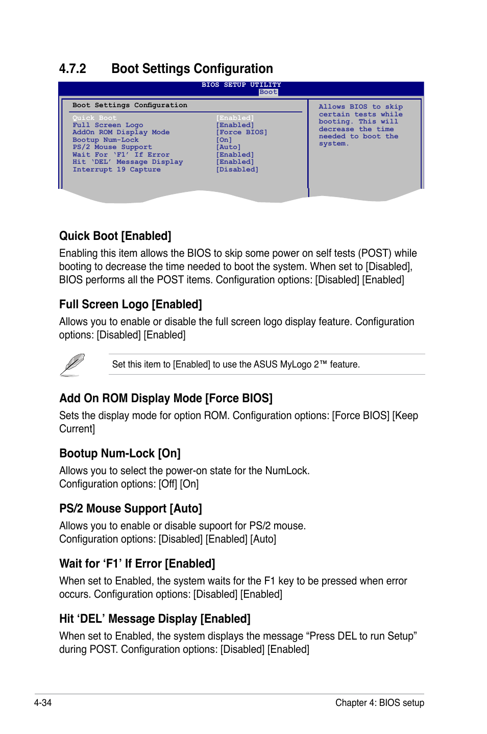 2 boot settings configuration, Quick boot [enabled, Full screen logo [enabled | Add on rom display mode [force bios, Bootup num-lock [on, Ps/2 mouse support [auto, Wait for ‘f1’ if error [enabled, Hit ‘del’ message display [enabled | Asus P5Q SE/R User Manual | Page 98 / 150