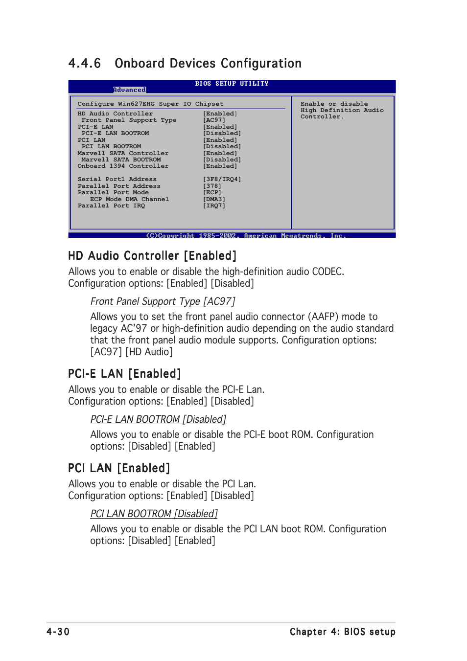 Hd audio controller [enabled, Pci-e lan [enabled, Pci lan [enabled | Asus P5W64 WS Professional User Manual | Page 104 / 170