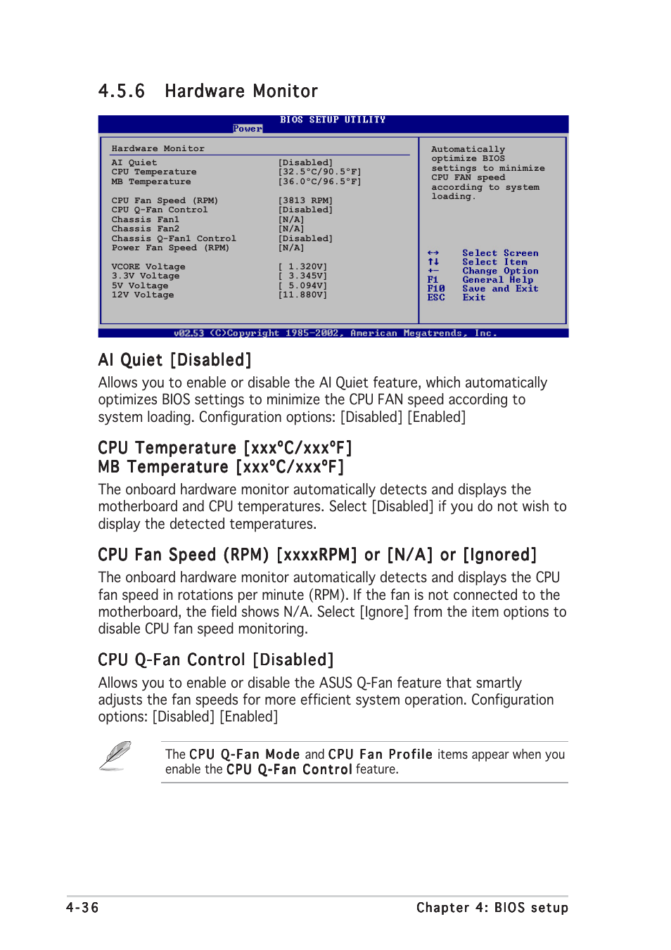 Ai quiet [disabled, Cpu temperature [xxxºc/xxxºf, Cpu q-fan control [disabled | Asus P5W64 WS Professional User Manual | Page 110 / 170