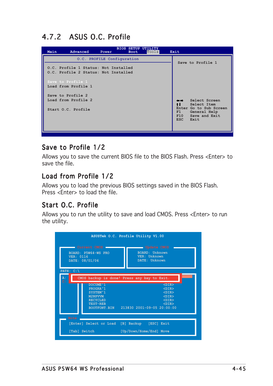 Save to profile 1/2, Load from profile 1/2, Start o.c. profile | Asus P5W64 WS Professional User Manual | Page 119 / 170