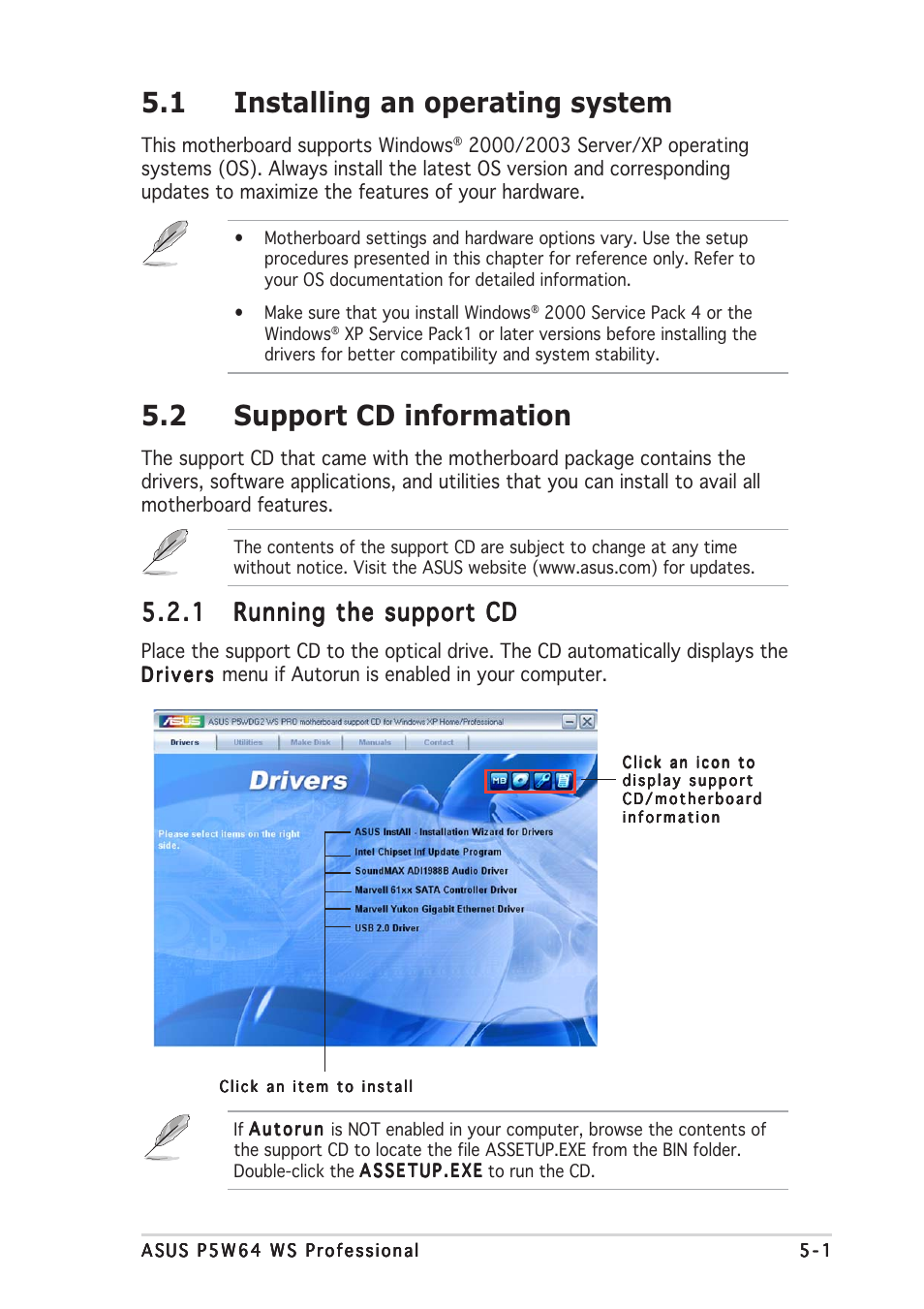 1 installing an operating system, 2 support cd information | Asus P5W64 WS Professional User Manual | Page 125 / 170