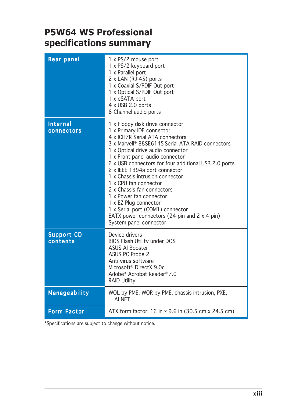 P5w64 ws professional specifications summary | Asus P5W64 WS Professional User Manual | Page 13 / 170