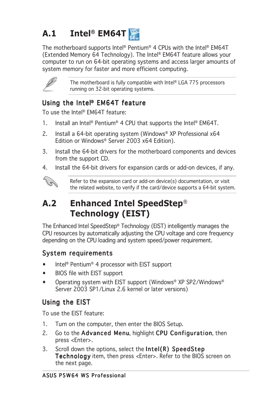 A.1 intel, Em64t, A.2 enhanced intel speedstep | Technology (eist) | Asus P5W64 WS Professional User Manual | Page 167 / 170