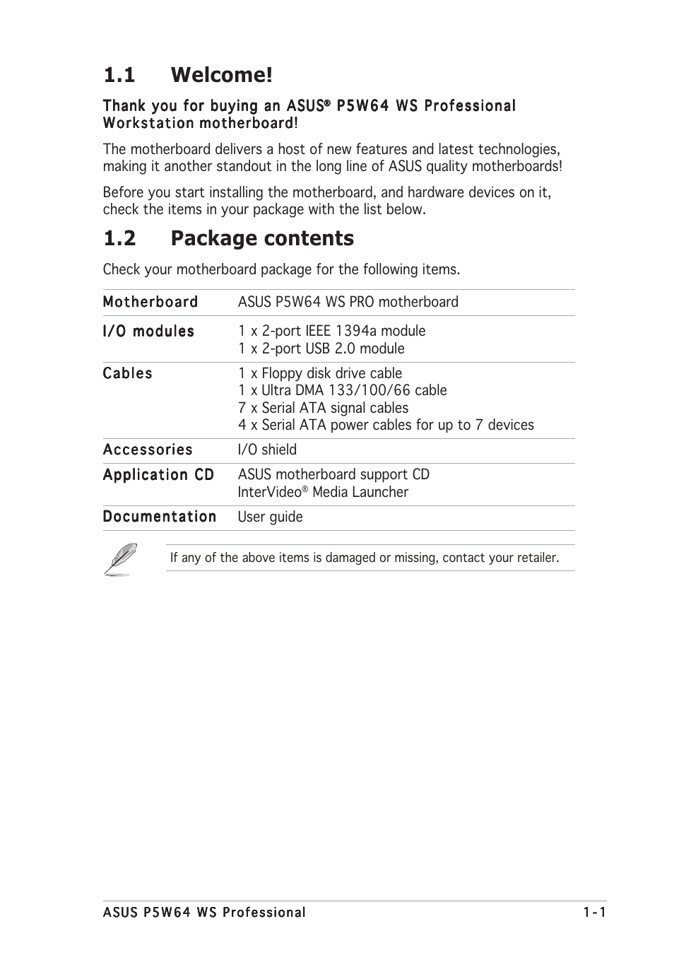 1 welcome, 2 package contents | Asus P5W64 WS Professional User Manual | Page 17 / 170