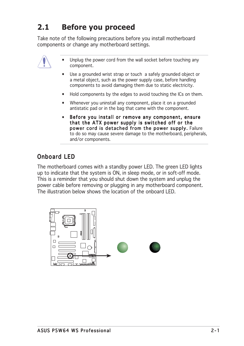 1 before you proceed, Onboard led | Asus P5W64 WS Professional User Manual | Page 27 / 170