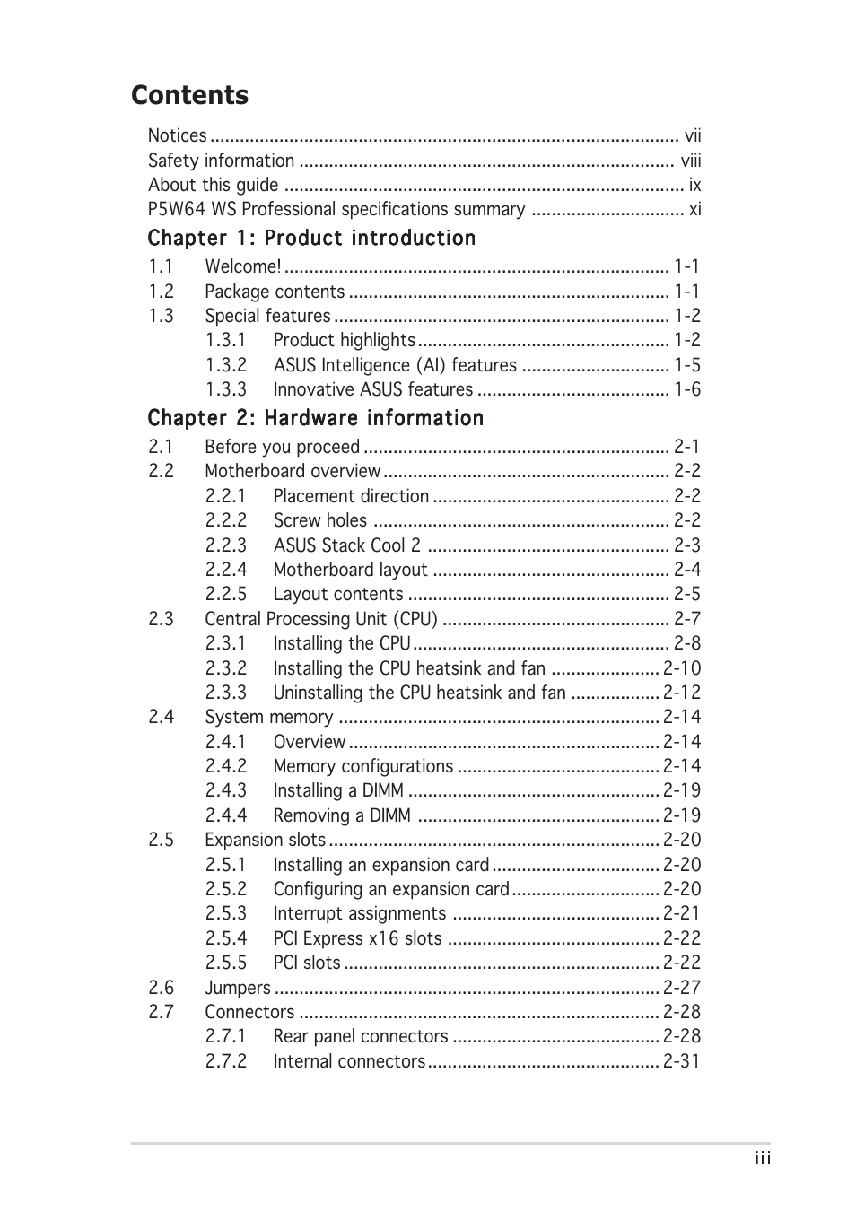 Asus P5W64 WS Professional User Manual | Page 3 / 170