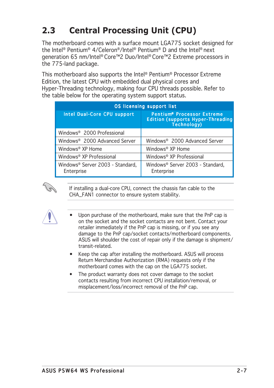 3 central processing unit (cpu), Pentium, 4/celeron | Intel, D and the intel, Next generation 65 nm/intel, Core™2 duo/intel | Asus P5W64 WS Professional User Manual | Page 33 / 170