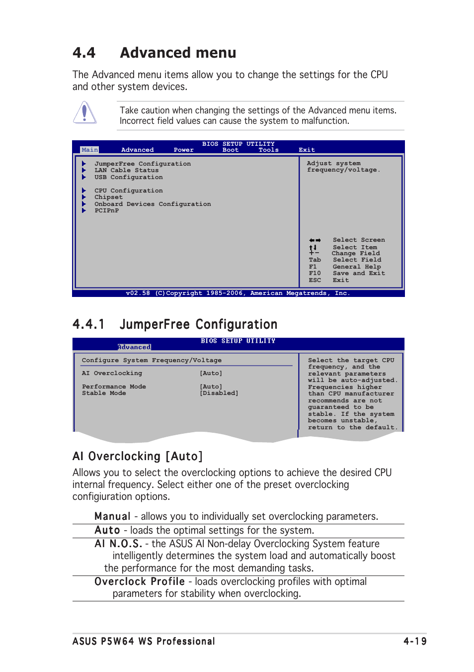 4 advanced menu, Ai overclocking [auto | Asus P5W64 WS Professional User Manual | Page 93 / 170
