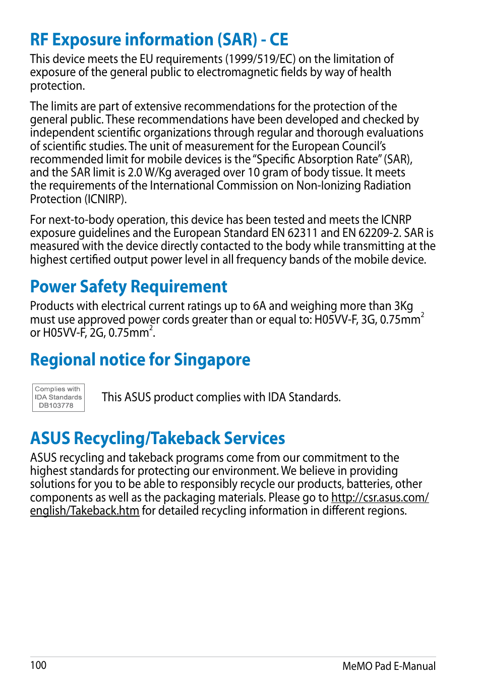 Rf exposure information (sar) - ce, Power safety requirement, Regional notice for singapore | Asus recycling/takeback services | Asus MeMO Pad HD 7 User Manual | Page 100 / 106