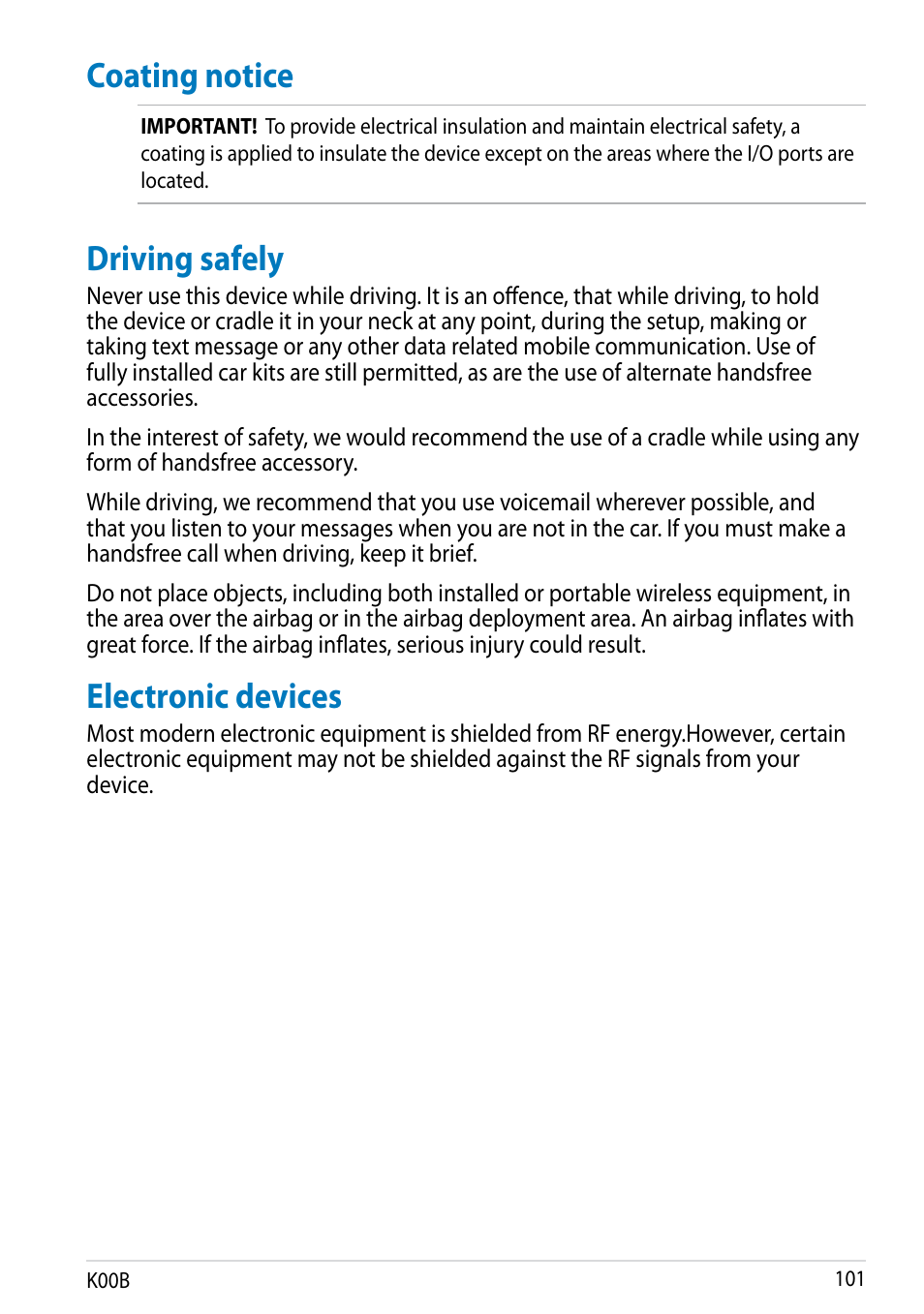 Coating notice, Driving safely, Electronic devices | Coating notice driving safely electronic devices | Asus MeMO Pad HD 7 User Manual | Page 101 / 106