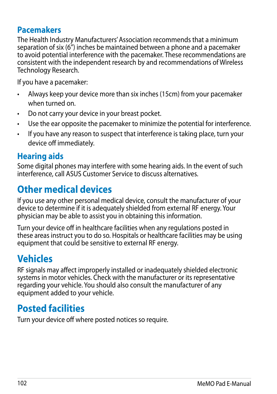 Other medical devices, Vehicles, Posted facilities | Other medical devices vehicles posted facilities, Pacemakers, Hearing aids | Asus MeMO Pad HD 7 User Manual | Page 102 / 106