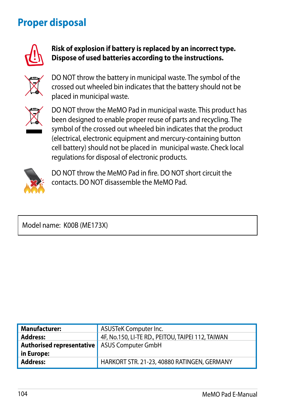 Proper disposal | Asus MeMO Pad HD 7 User Manual | Page 104 / 106