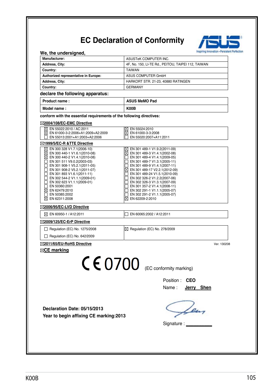 Ec declaration of conformity, K00b 10 | Asus MeMO Pad HD 7 User Manual | Page 105 / 106