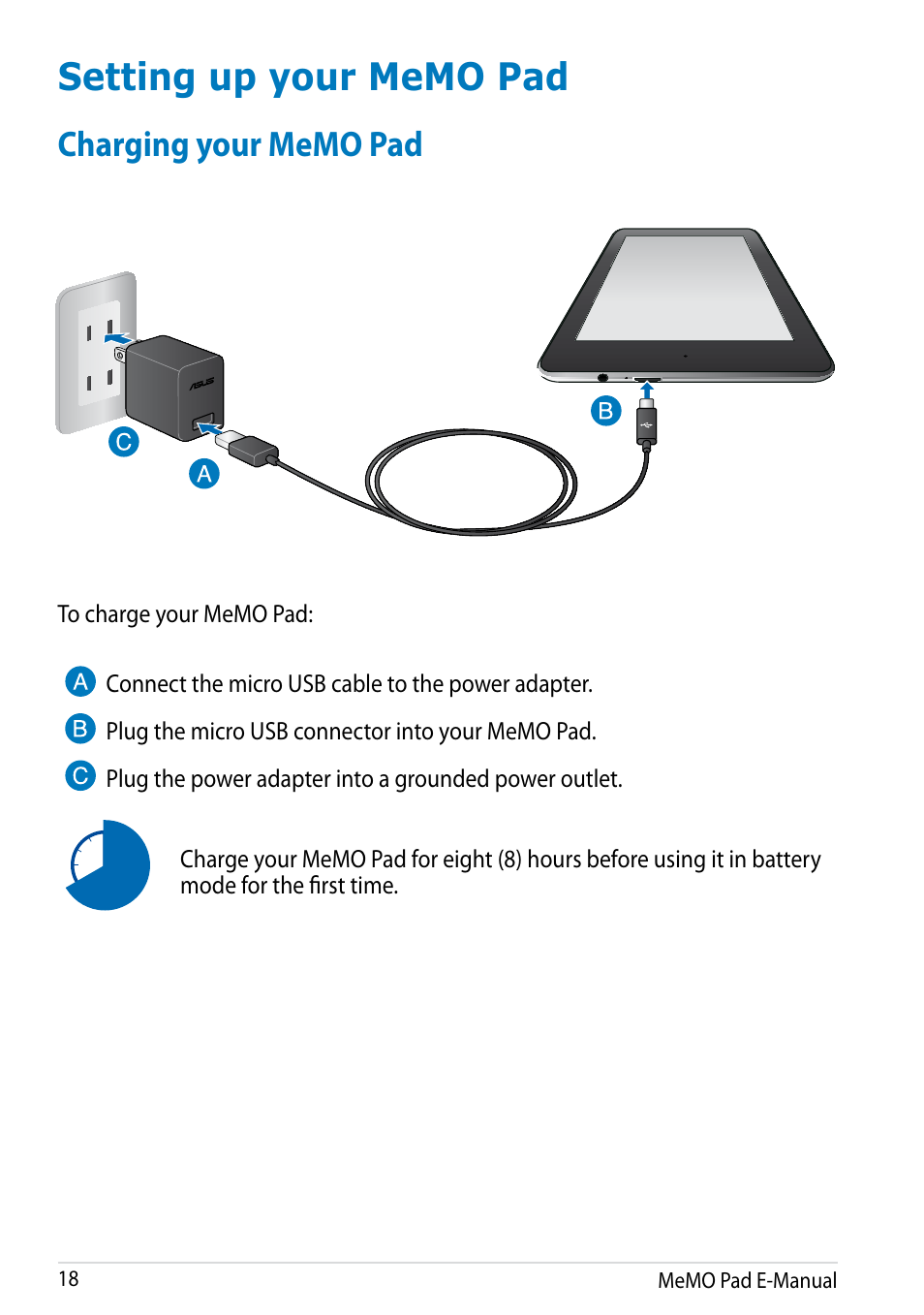 Setting up your memo pad, Charging your memo pad | Asus MeMO Pad HD 7 User Manual | Page 18 / 106