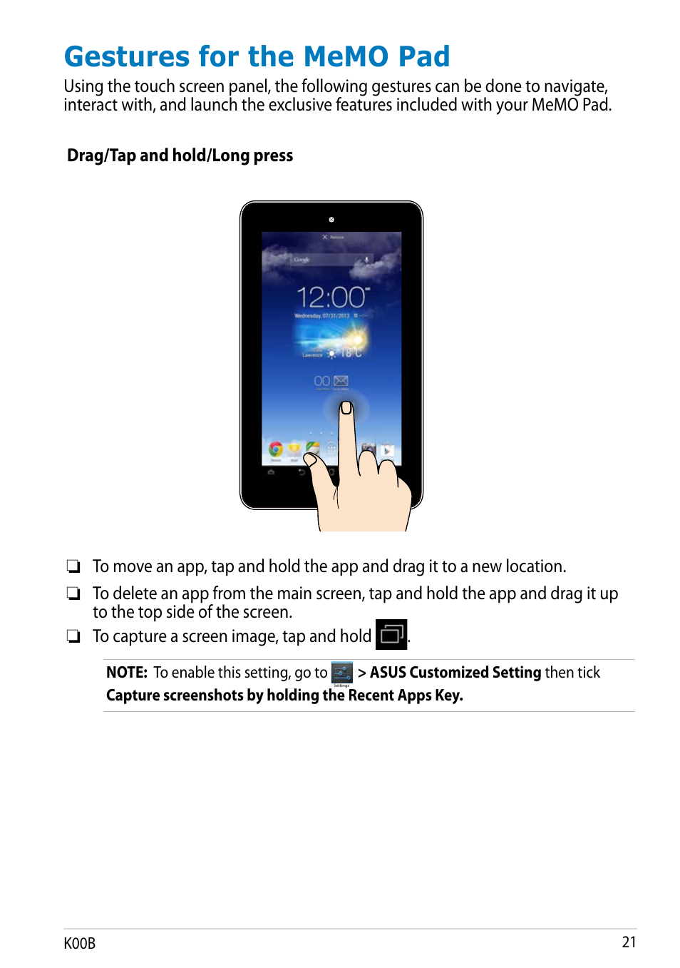 Gestures for the memo pad | Asus MeMO Pad HD 7 User Manual | Page 21 / 106