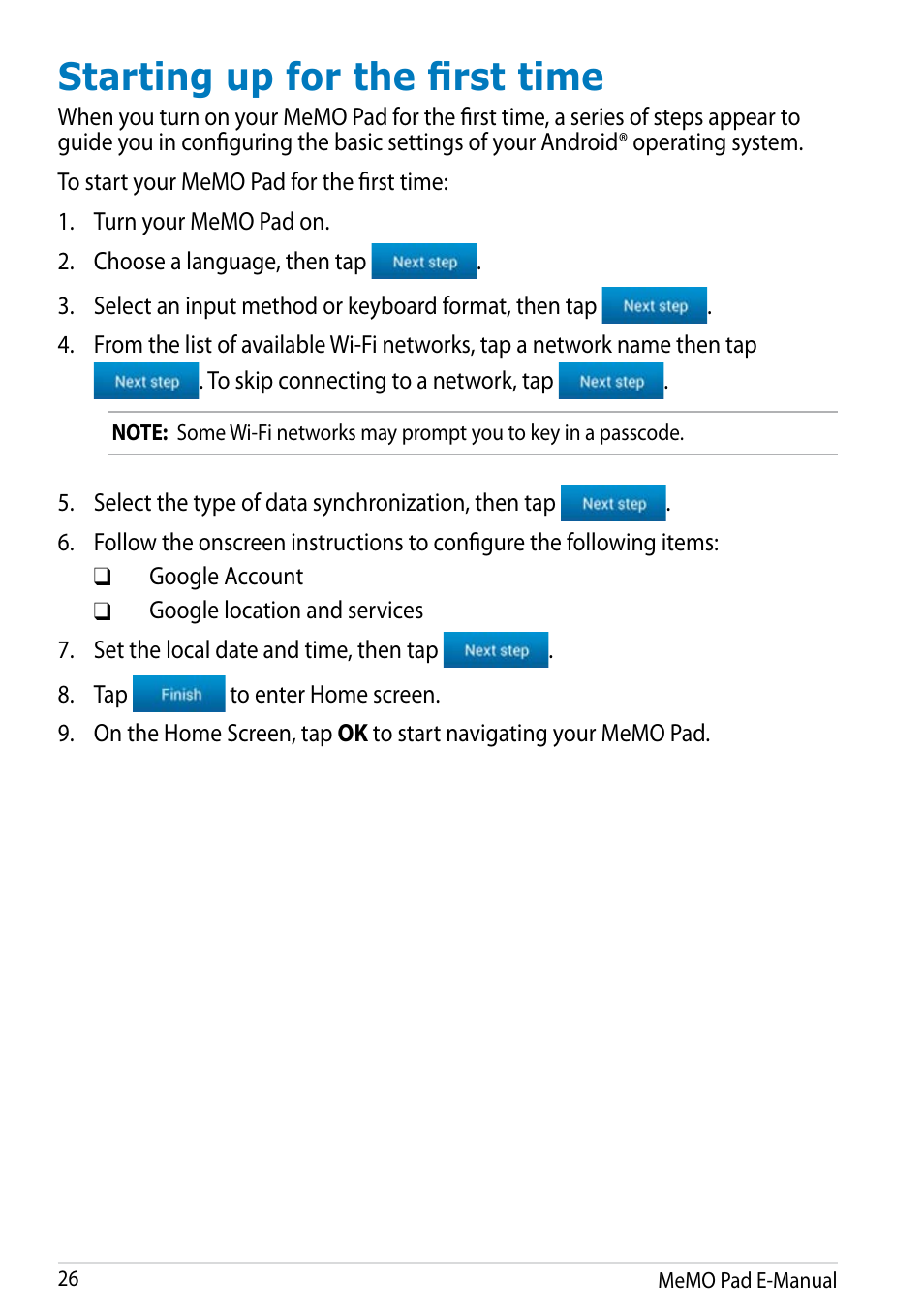 Starting up for the first time | Asus MeMO Pad HD 7 User Manual | Page 26 / 106
