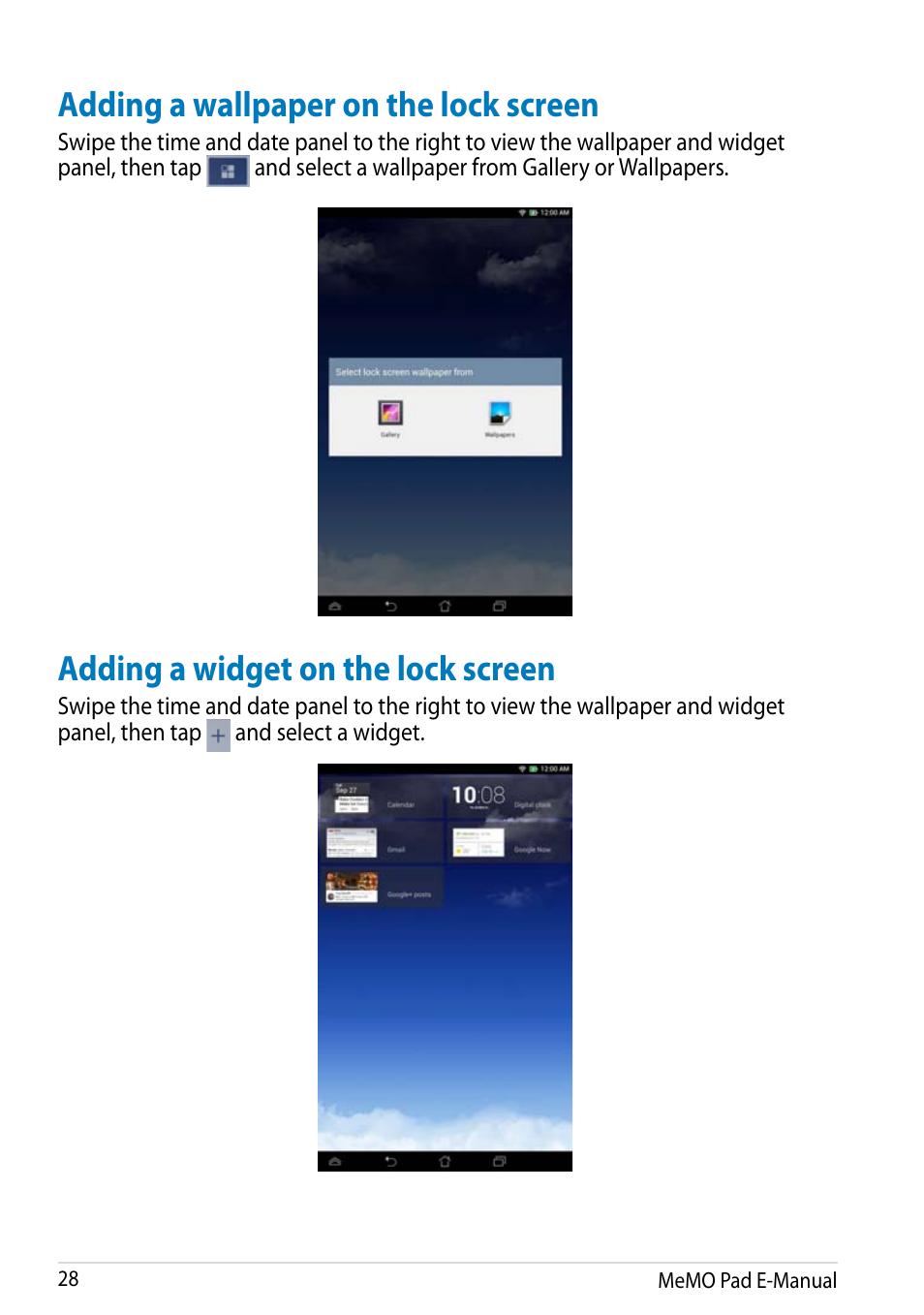 Adding a wallpaper on the lock screen, Adding a widget on the lock screen | Asus MeMO Pad HD 7 User Manual | Page 28 / 106