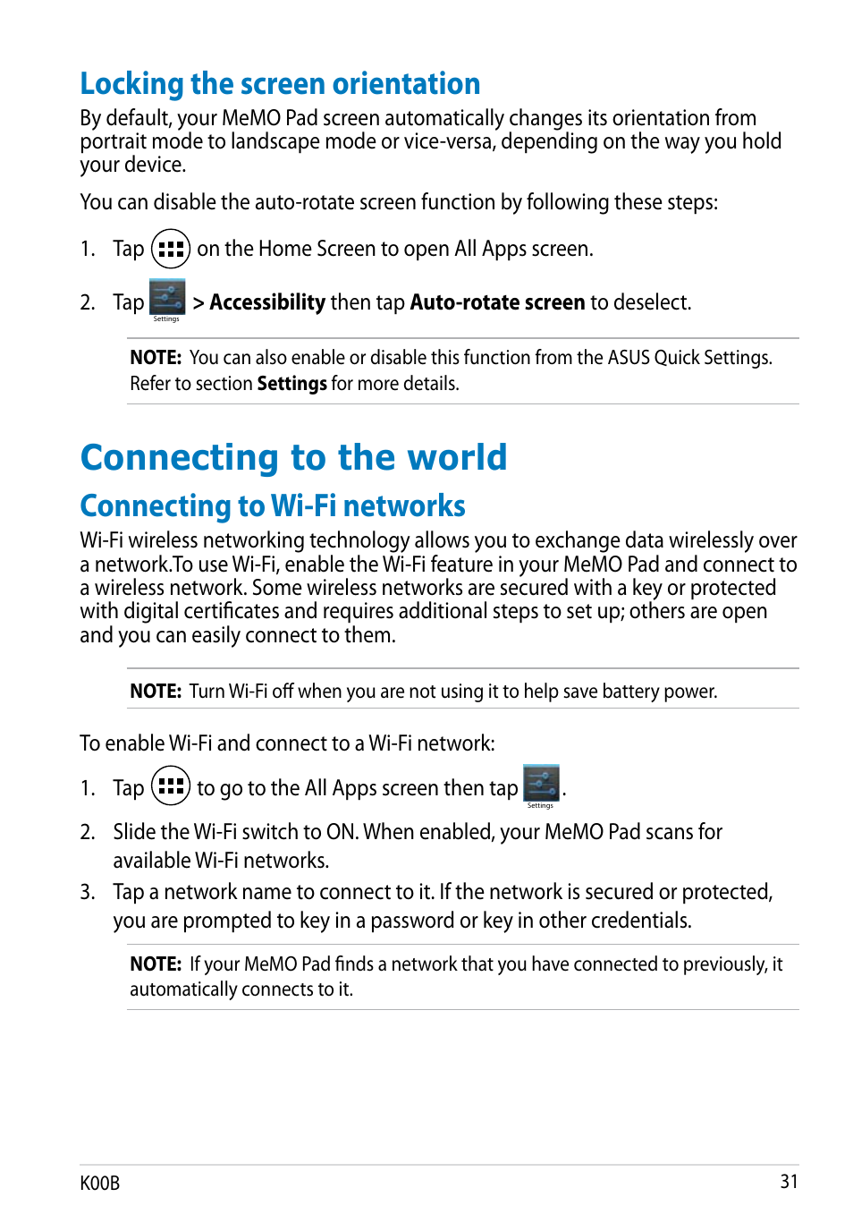 Locking the screen orientation, Connecting to the world, Connecting to wi-fi networks | Asus MeMO Pad HD 7 User Manual | Page 31 / 106