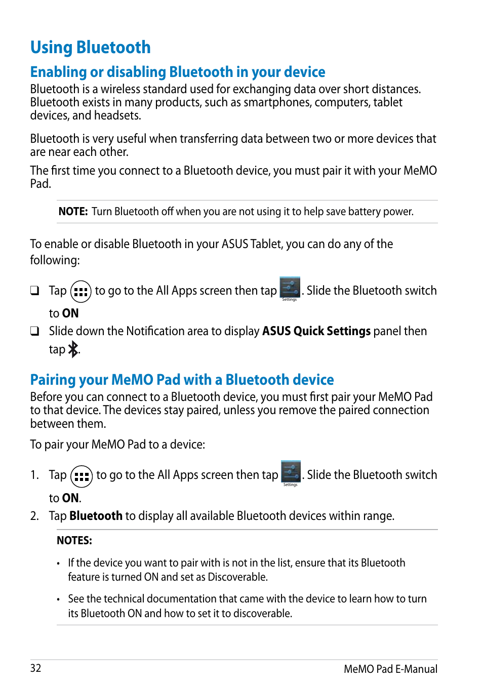 Using bluetooth, Enabling or disabling bluetooth in your device | Asus MeMO Pad HD 7 User Manual | Page 32 / 106