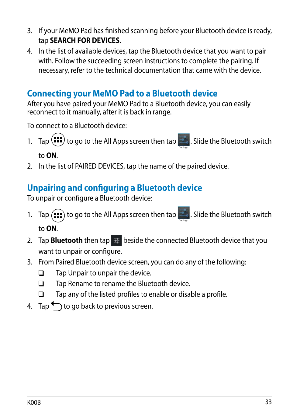 Unpairing and configuring a bluetooth device, K00b | Asus MeMO Pad HD 7 User Manual | Page 33 / 106