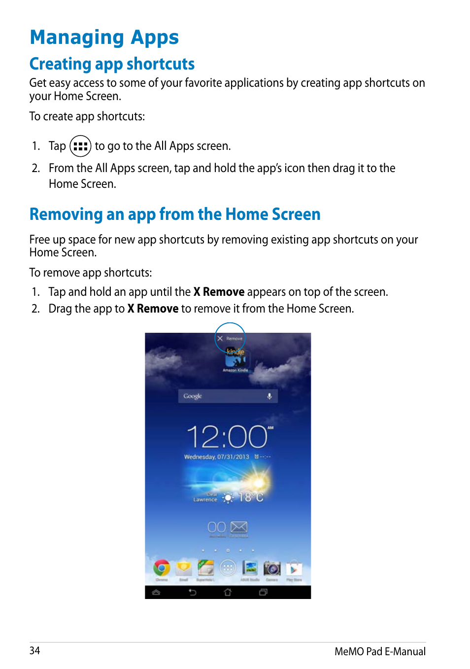 Managing apps, Creating app shortcuts, Removing an app from the home screen | Asus MeMO Pad HD 7 User Manual | Page 34 / 106