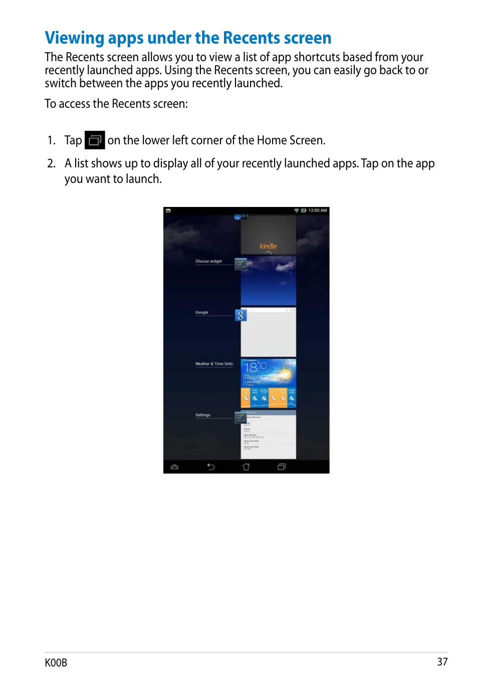 Viewing apps under the recents screen | Asus MeMO Pad HD 7 User Manual | Page 37 / 106