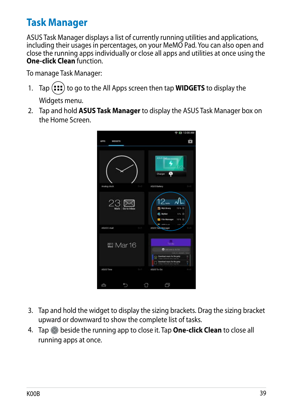 Task manager, K00b | Asus MeMO Pad HD 7 User Manual | Page 39 / 106