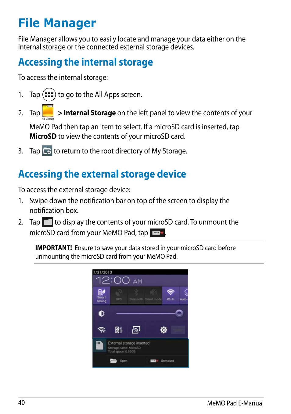 File manager, Accessing the internal storage, Accessing the external storage device | Asus MeMO Pad HD 7 User Manual | Page 40 / 106