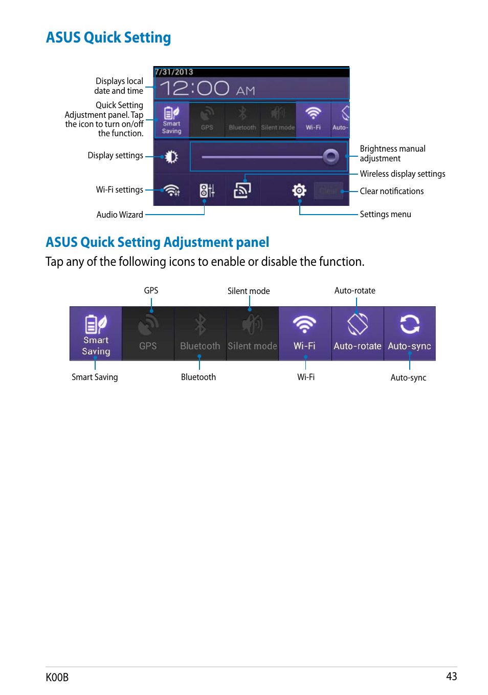 Asus quick setting, Asus quick setting adjustment panel | Asus MeMO Pad HD 7 User Manual | Page 43 / 106