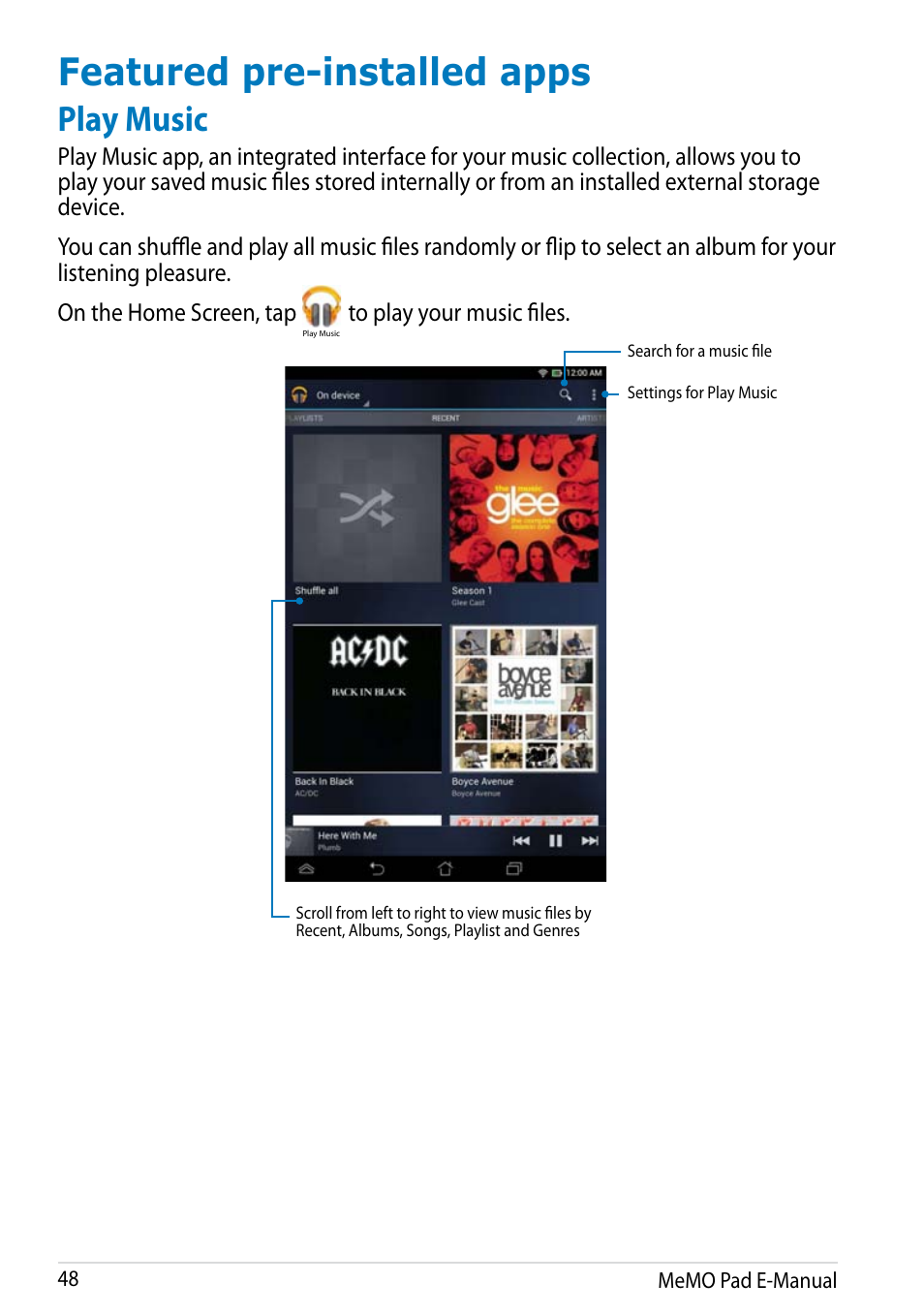 Featured pre-installed apps, Play music | Asus MeMO Pad HD 7 User Manual | Page 48 / 106