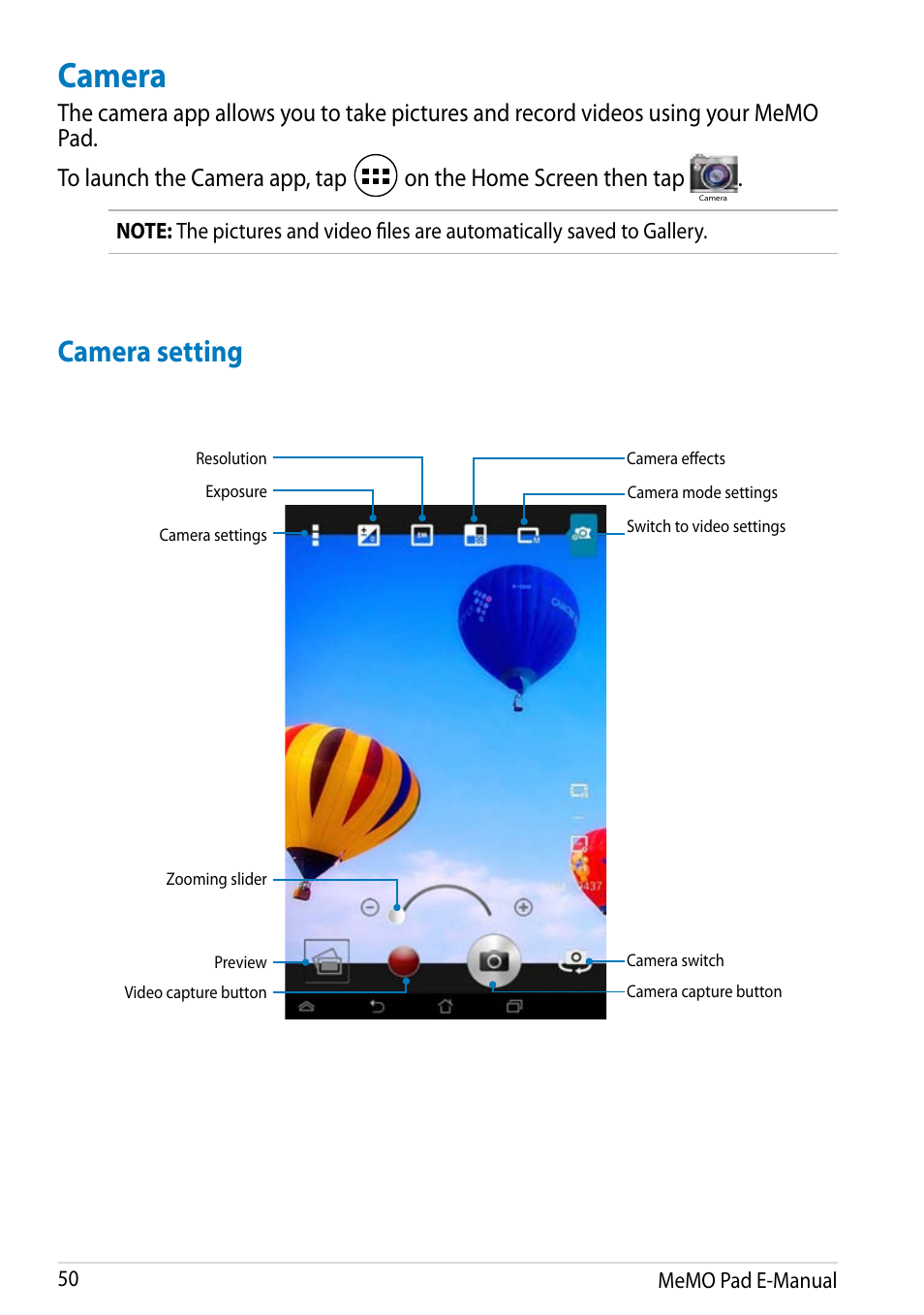 Camera, Camera setting | Asus MeMO Pad HD 7 User Manual | Page 50 / 106