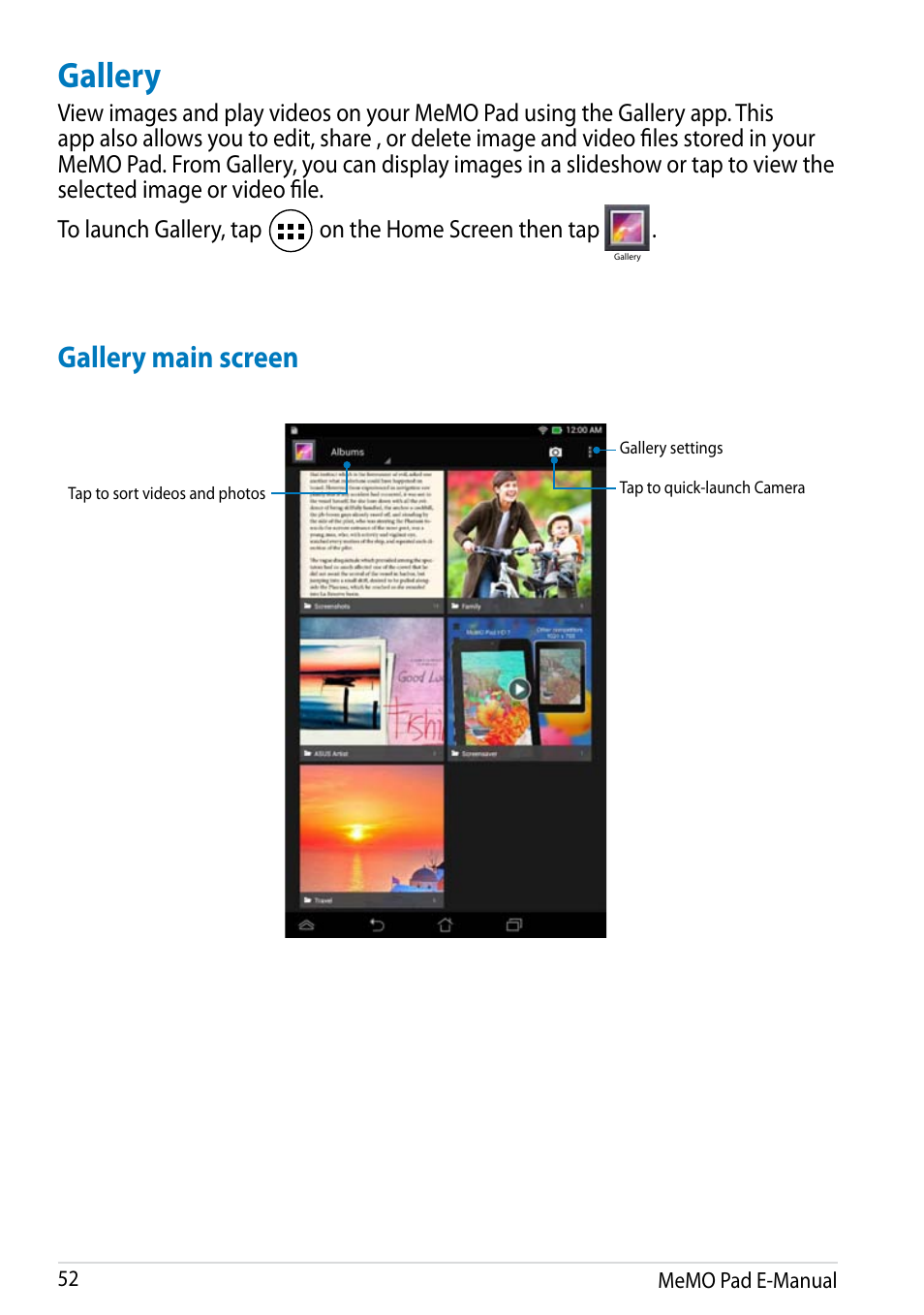 Gallery, Gallery main screen | Asus MeMO Pad HD 7 User Manual | Page 52 / 106