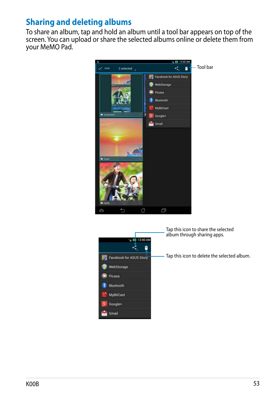Sharing and deleting albums | Asus MeMO Pad HD 7 User Manual | Page 53 / 106