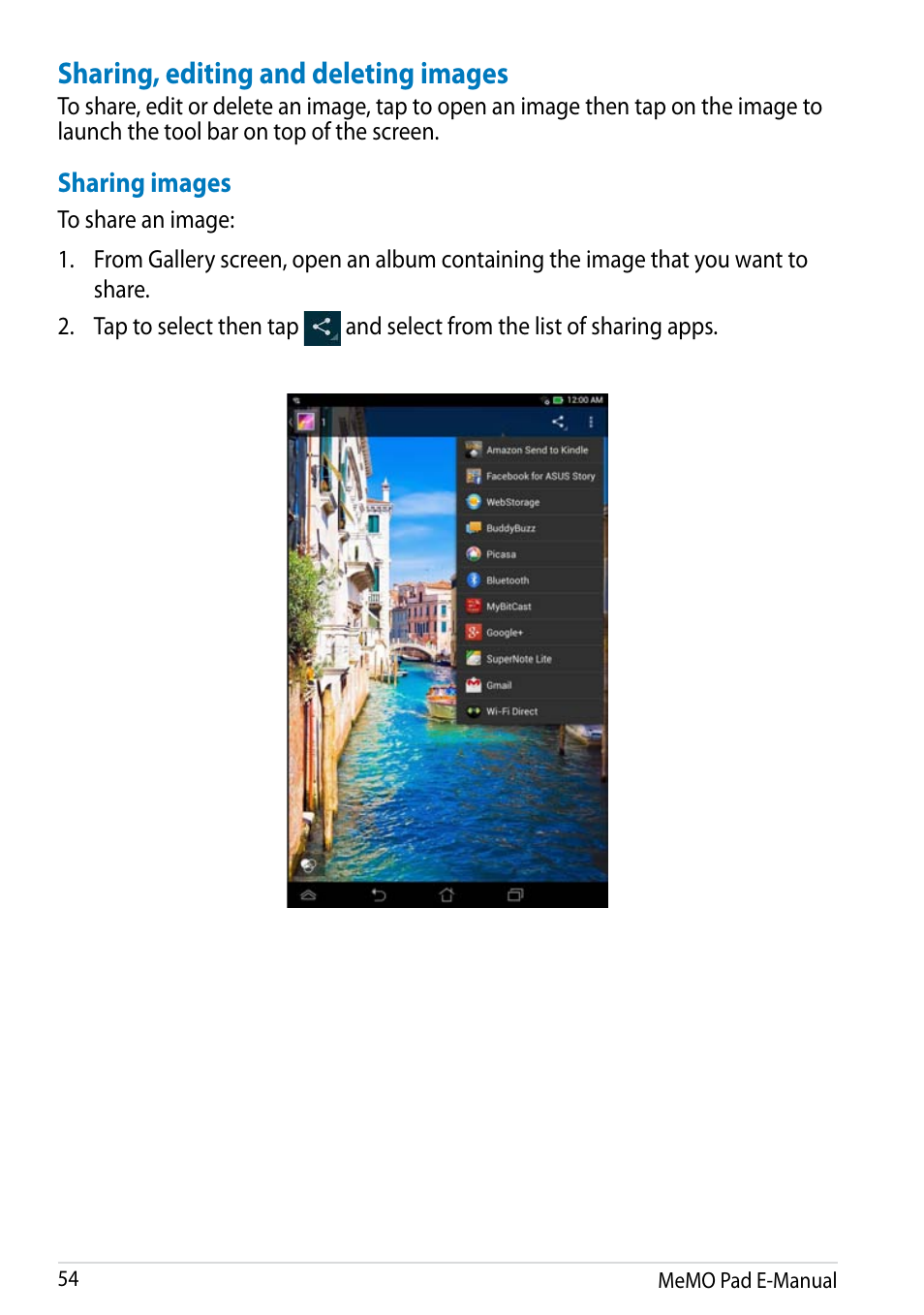 Sharing, editing and deleting images | Asus MeMO Pad HD 7 User Manual | Page 54 / 106