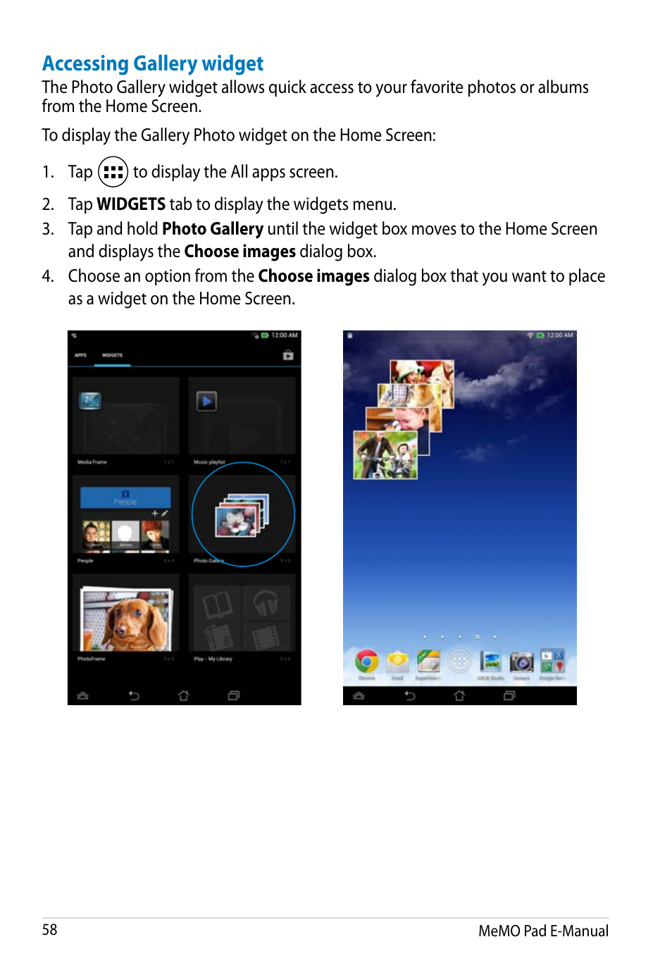 Accessing gallery widget | Asus MeMO Pad HD 7 User Manual | Page 58 / 106