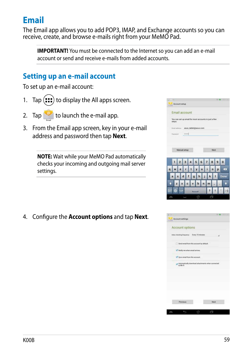 Email, Setting up an e-mail account | Asus MeMO Pad HD 7 User Manual | Page 59 / 106