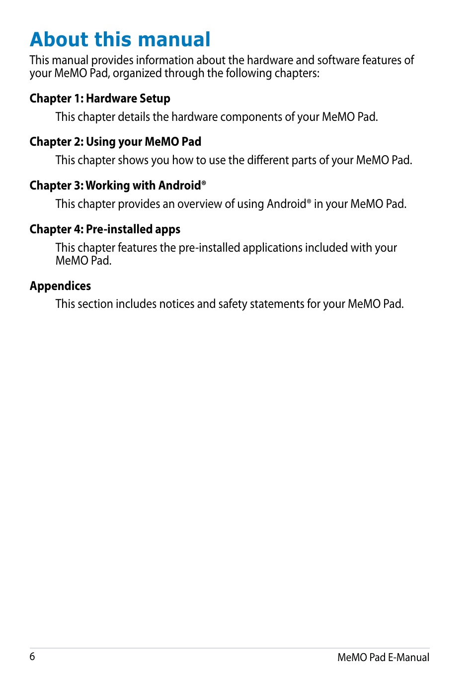 About this manual | Asus MeMO Pad HD 7 User Manual | Page 6 / 106