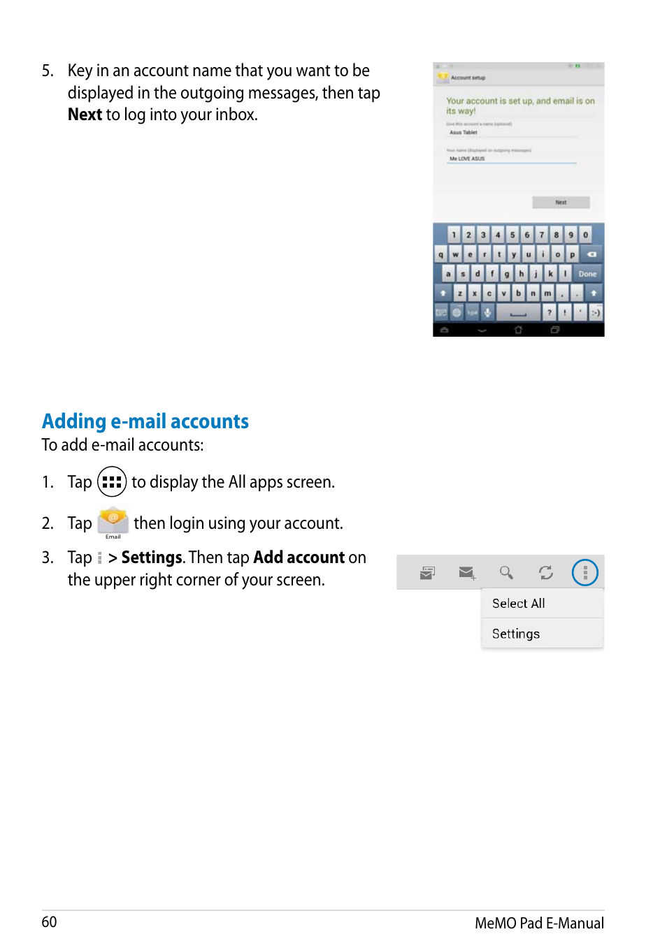 Adding e-mail accounts | Asus MeMO Pad HD 7 User Manual | Page 60 / 106