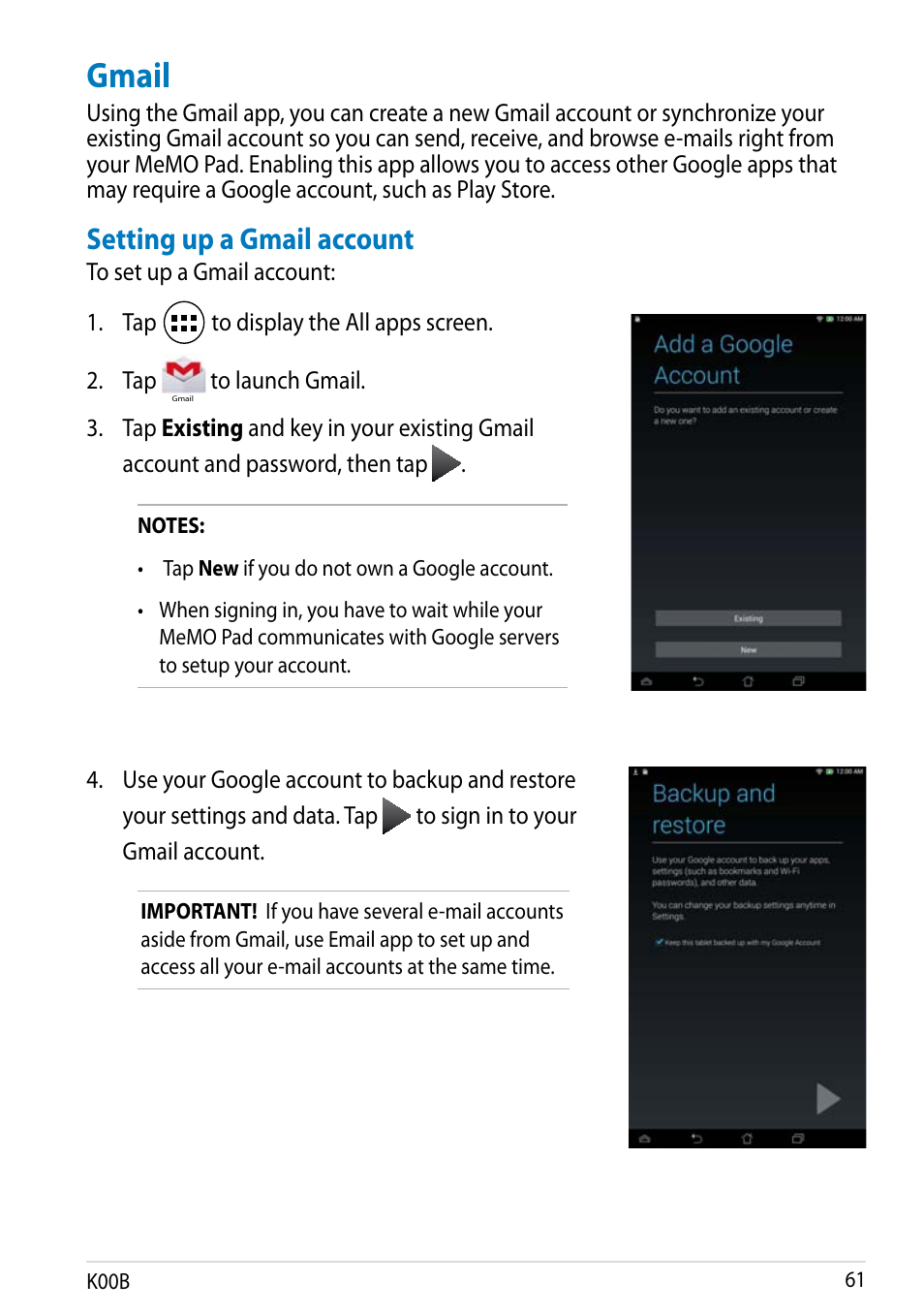 Gmail, Setting up a gmail account | Asus MeMO Pad HD 7 User Manual | Page 61 / 106