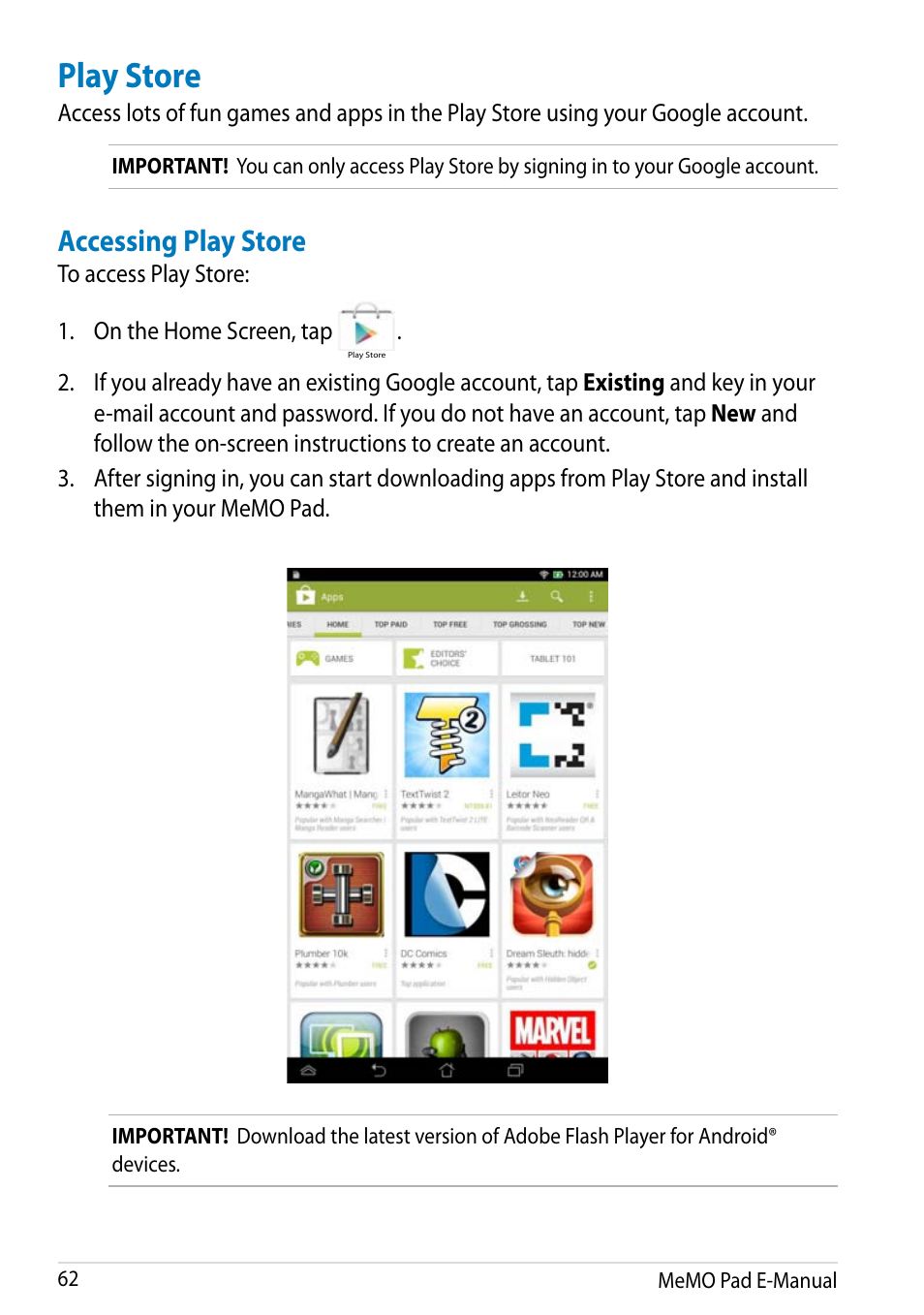 Play store, Accessing play store | Asus MeMO Pad HD 7 User Manual | Page 62 / 106