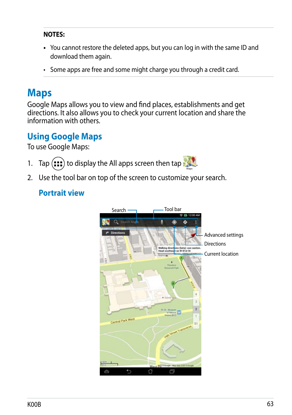 Maps, Using google maps, Portrait view | Asus MeMO Pad HD 7 User Manual | Page 63 / 106