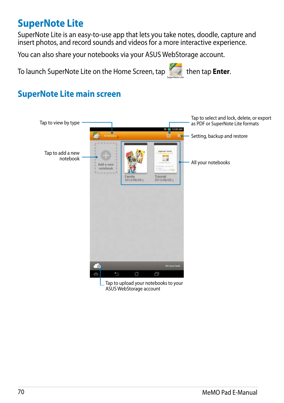 Supernote lite, Then tap enter | Asus MeMO Pad HD 7 User Manual | Page 70 / 106