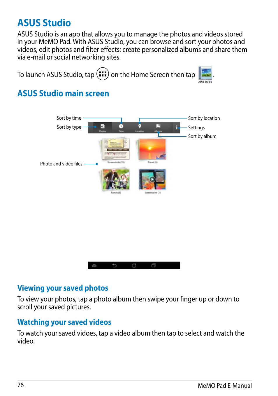 Asus studio, Asus studio main screen, Viewing your saved photos | Watching your saved videos | Asus MeMO Pad HD 7 User Manual | Page 76 / 106