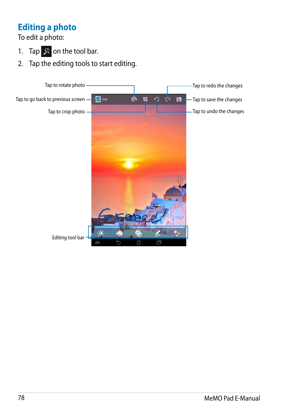 Editing a photo | Asus MeMO Pad HD 7 User Manual | Page 78 / 106