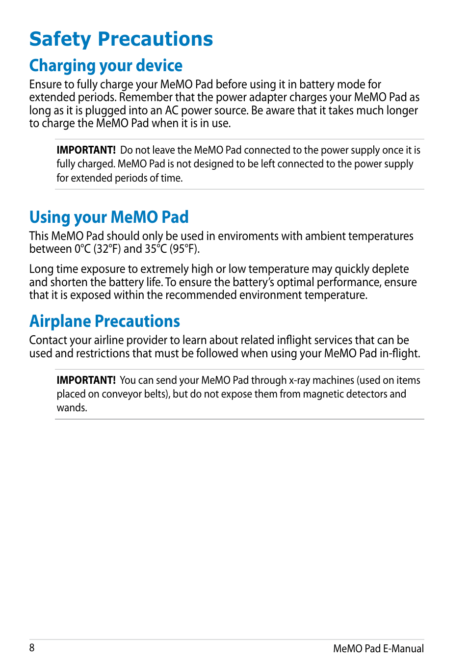 Safety precautions, Charging your device, Using your memo pad | Airplane precautions | Asus MeMO Pad HD 7 User Manual | Page 8 / 106