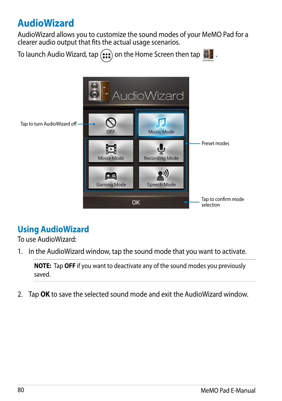 Audiowizard, Using audiowizard | Asus MeMO Pad HD 7 User Manual | Page 80 / 106