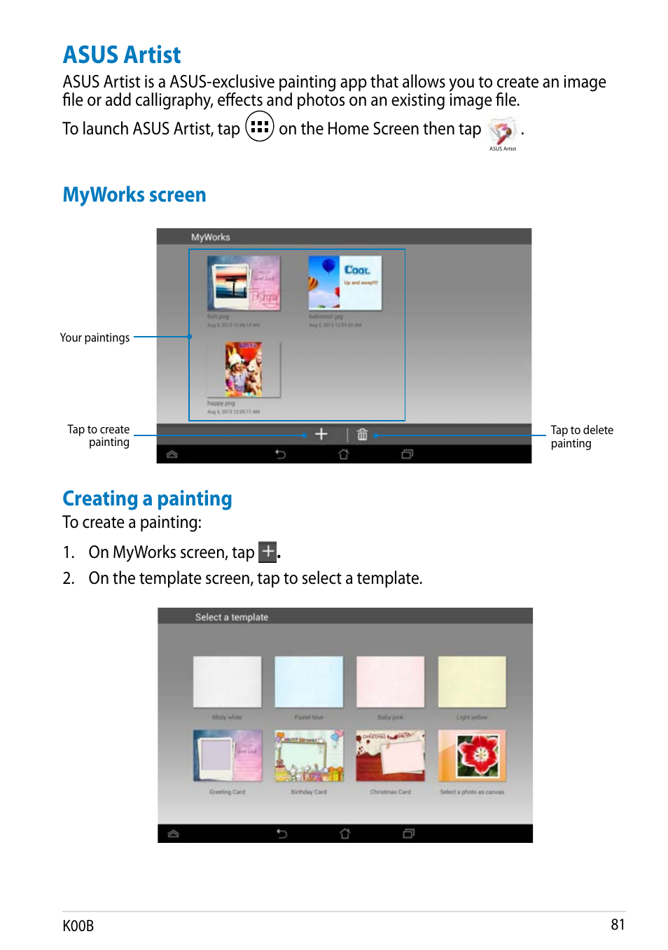 Asus artist, Myworks screen, Creating a painting | Asus MeMO Pad HD 7 User Manual | Page 81 / 106