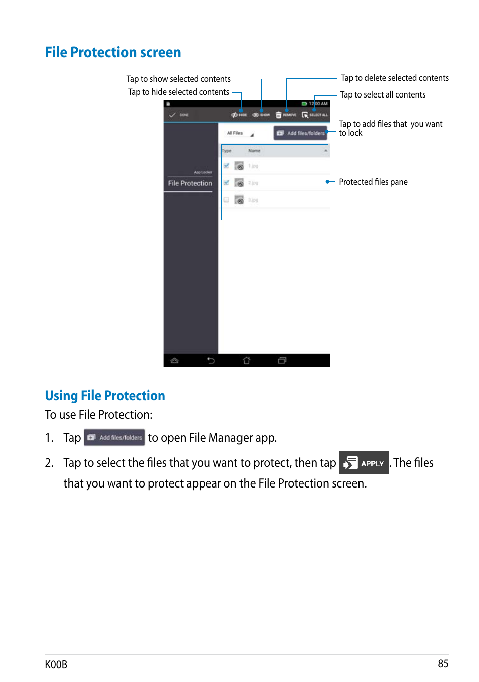 File protection screen, Using file protection | Asus MeMO Pad HD 7 User Manual | Page 85 / 106