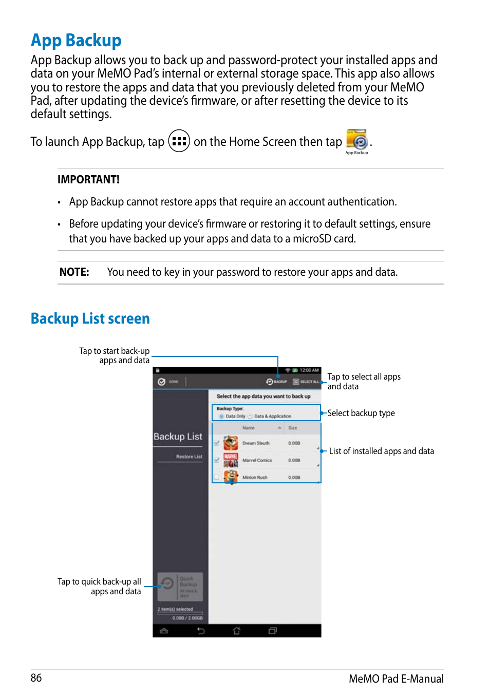 App backup, Backup list screen | Asus MeMO Pad HD 7 User Manual | Page 86 / 106