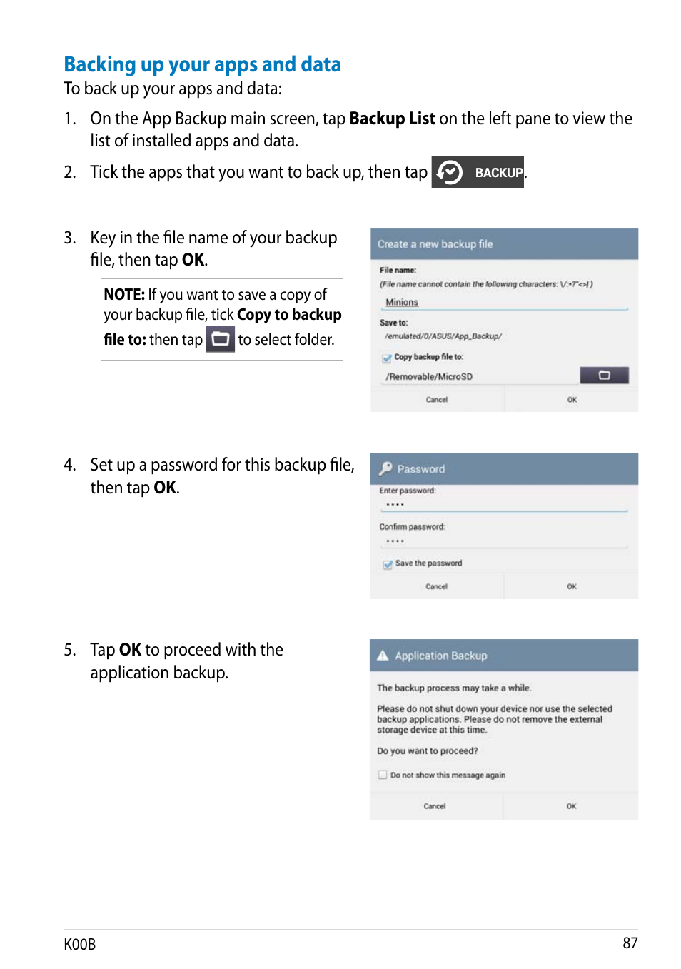 Backing up your apps and data | Asus MeMO Pad HD 7 User Manual | Page 87 / 106